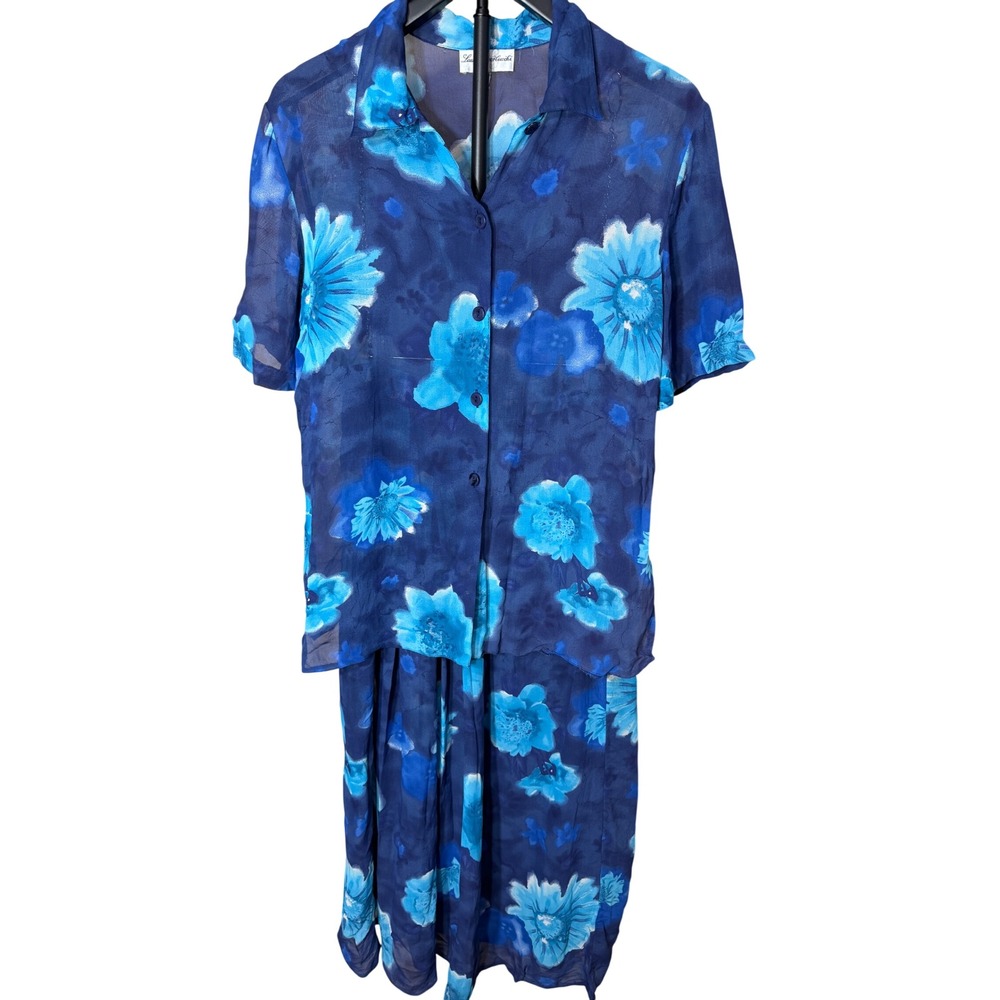Laura Berlucchi Vintage Blue Floral 2 Piece Set Sheer Shirt & Midi Skirt Size L